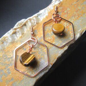 Tigers Eye Earrings, Natural Tiger Eye Stone with Rose Gold